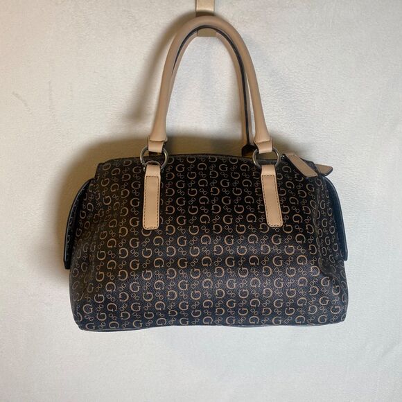 GUESS Signature Logo Satchel Handbag Brown Black Monogram Double Handle Purse - Picture 2 of 14